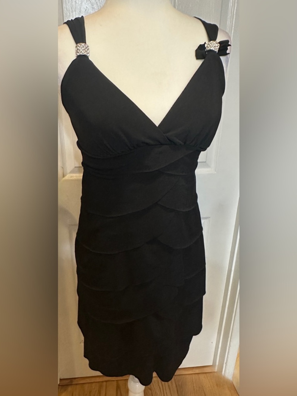 La Belle Vintage Dress Black Cocktail  Ruffle Tier Rhinestone Size Large